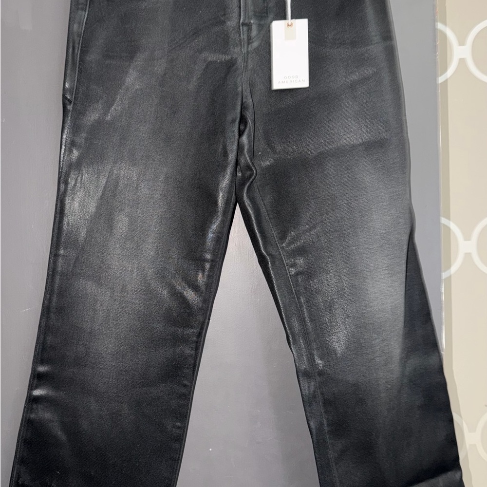 Good American Black Faux Leather Pants with Matte Button Detail
